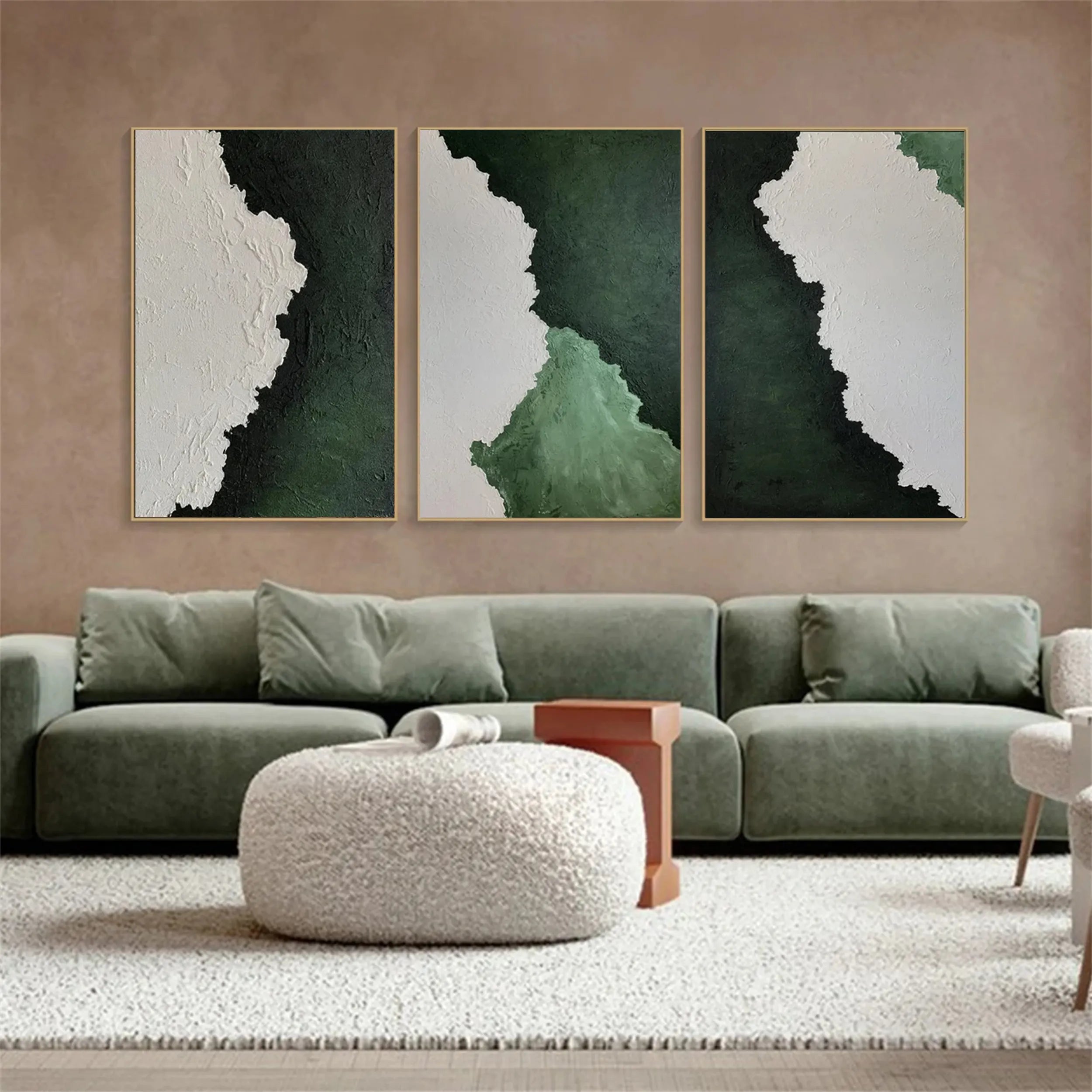 Modern Textured Green & White Wall Art-Abstract Art Set #JJ 213