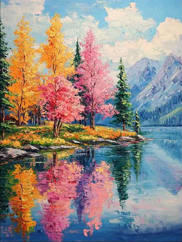 Autumn Lake Oil Painting - Colorful Forest Reflection Art #TC 008