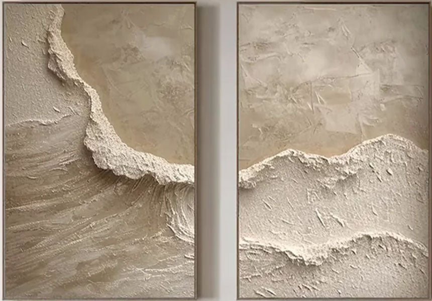 Textured Abstract Wave Oil Painting | Large Beige Wall Art Set of 2 #ZZ 010