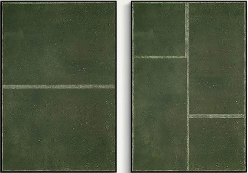 Set of 2 Large Abstract Green Oil Paintings with Geometric Design | # TC 017