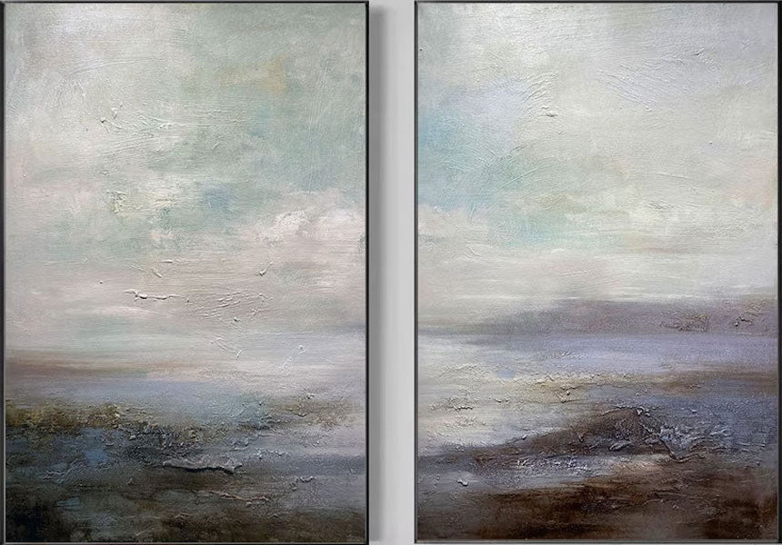 Abstract Landscape Diptych: Muted Coastal Art Set of 2 #ZZ 049