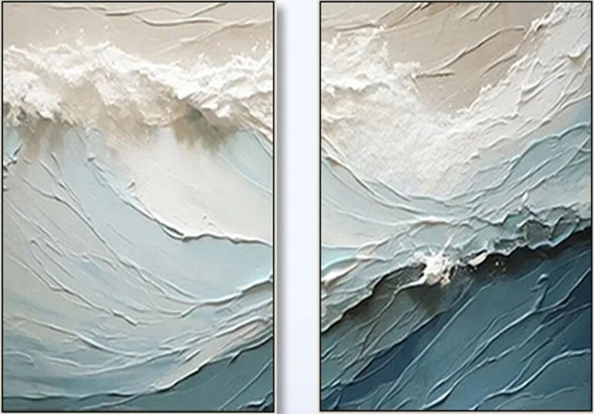 Blue Textured Wave Diptych: Abstract Coastal Art Set of 2 #ZZ 051
