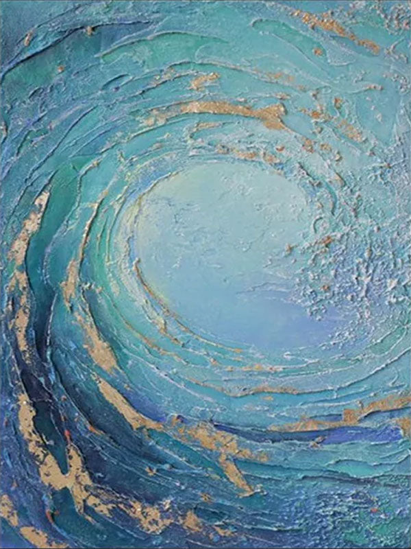 Abstract Ocean Wave Oil Painting, Blue and Gold Textured Wall Art #TC 068