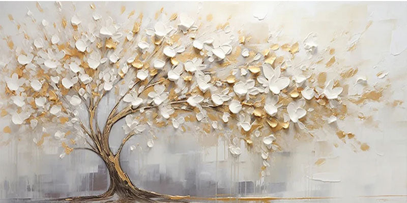 3D Blossom Tree Painting, Handmade White Gold Canvas Artwork #TC 069