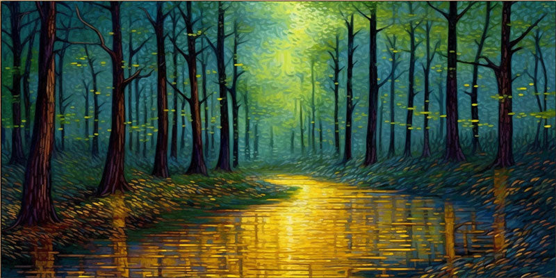 Enchanted Forest Wall Art | Large Landscape Painting with Golden River #ZZ 090