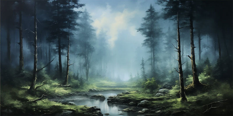 Misty Forest Landscape Wall Art | Large Horizontal Canvas Painting #ZZ 093