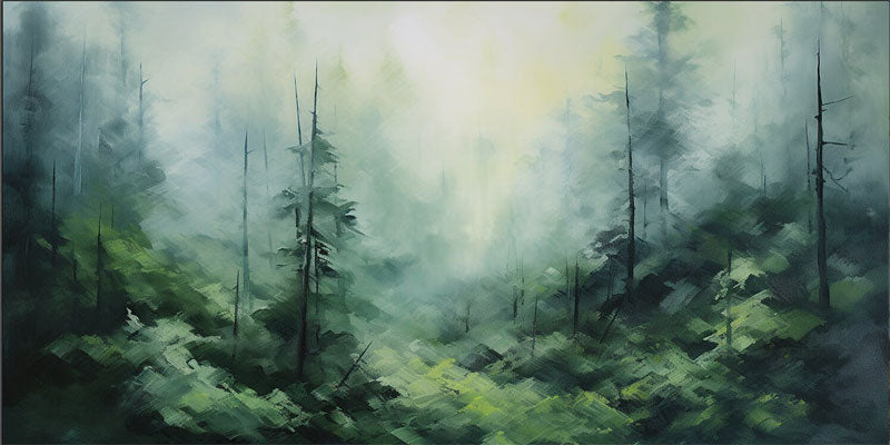 Misty Forest Landscape Wall Art | Large Horizontal Green Canvas Painting #ZZ 097