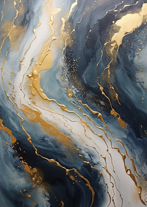 Abstract Gold and Blue Wall Art - Modern Canvas Painting #JJ 058