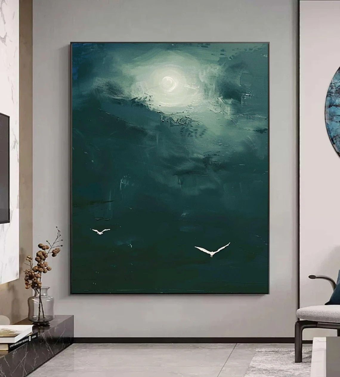 Dark Teal Abstract Oil Painting with Moon and Birds Wall Art #TC 029