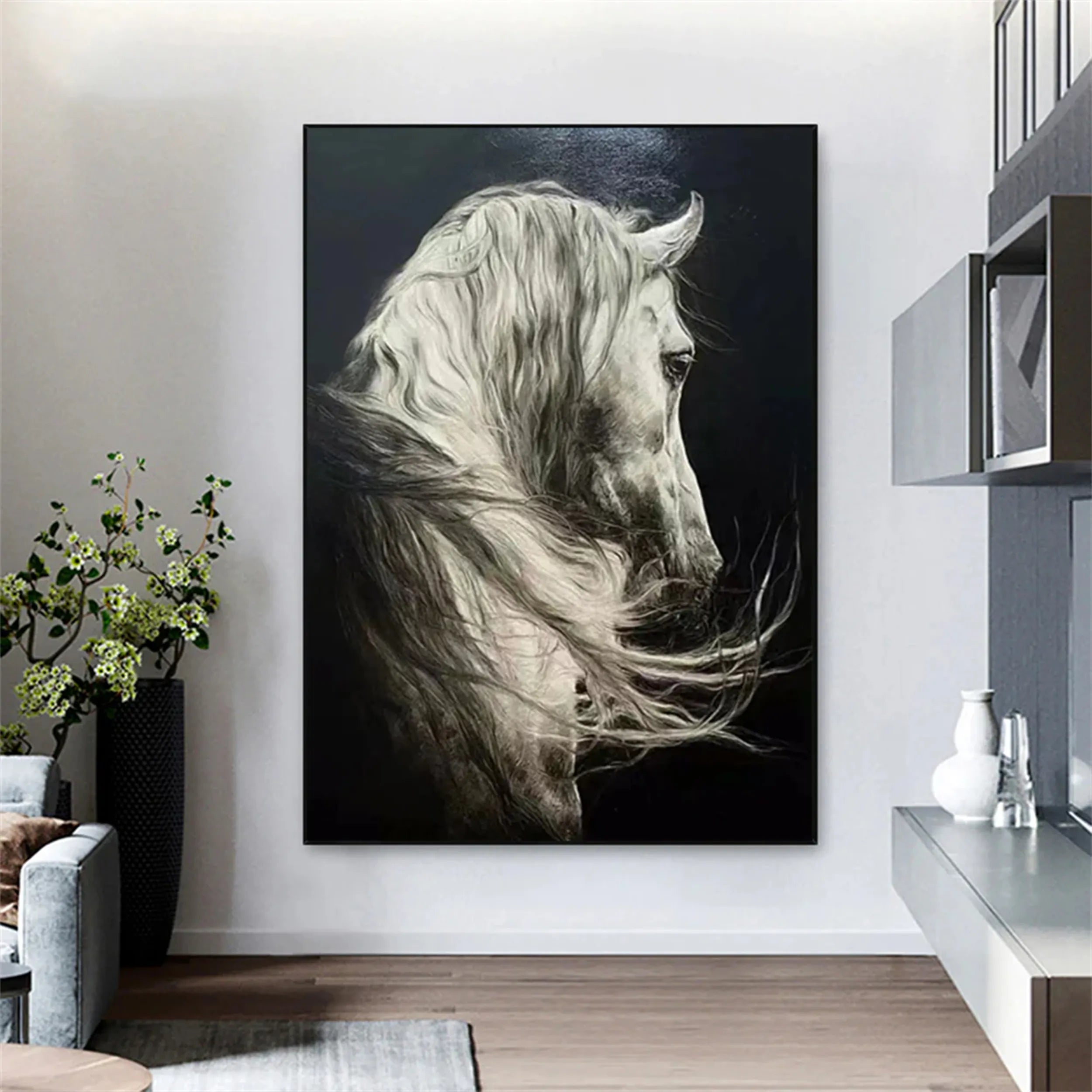 White Horse Oil Painting | Large Black & White Equine Art #ZZ 017