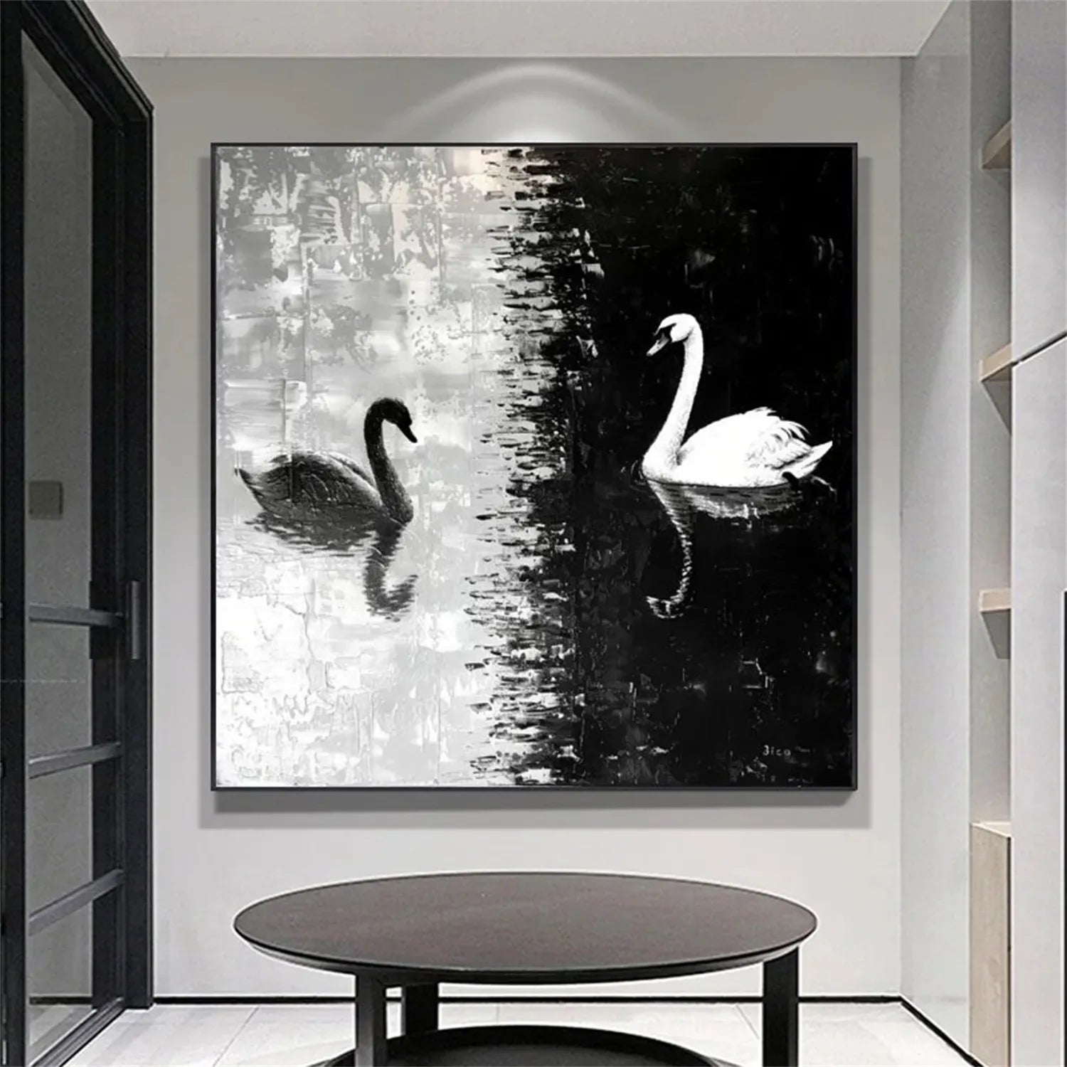 Black and White Swan Wall Art | Large Square Abstract Painting #ZZ 219