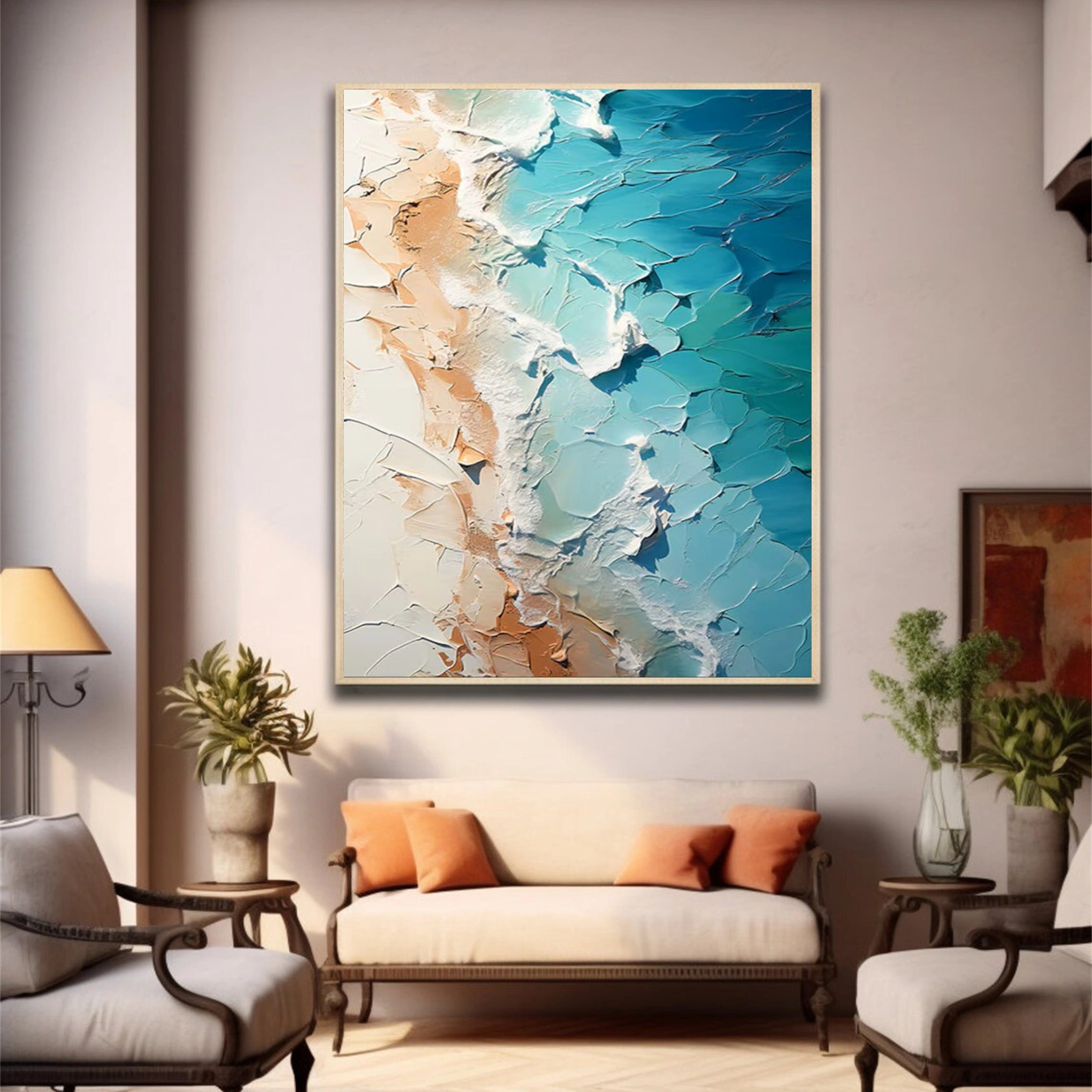 Textured Wall Art Handmade Teal Ocean Beige Sand Abstract #JJ 224