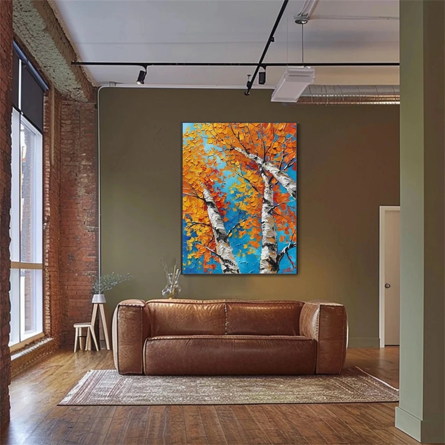 Autumn Birches Hand-Painted Oil Painting | Textured Orange Leaves Art #JJ 349