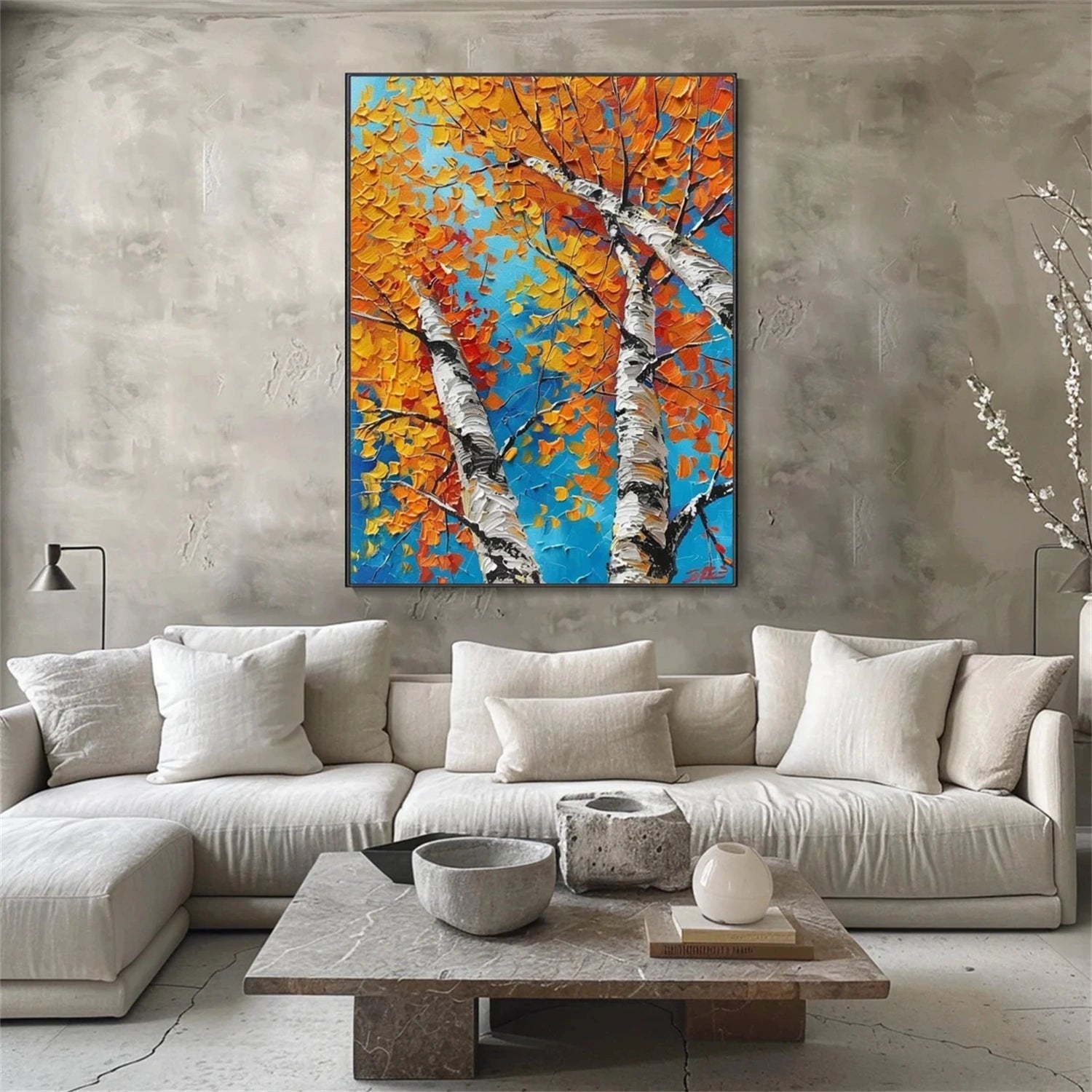 Autumn Birches Hand-Painted Oil Painting | Textured Orange Leaves Art #JJ 349