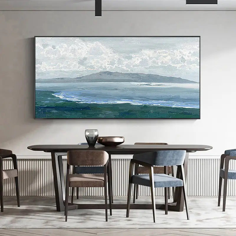 Large Coastal Landscape Wall Art | Abstract Ocean & Mountain Painting #ZZ 078