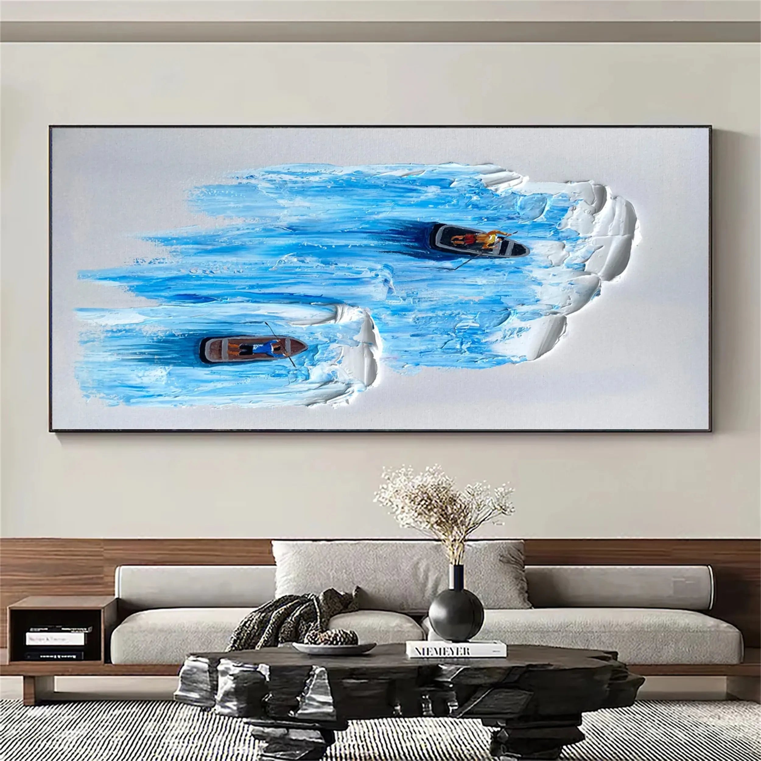 3D Textured Wall Art | Large Blue Ocean Boat Painting Canvas Decor #JJ 187
