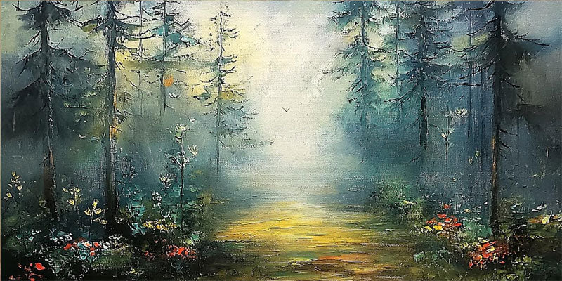 Misty Forest Path Wall Art | Large Horizontal Landscape Painting for Bedroom #ZZ 101