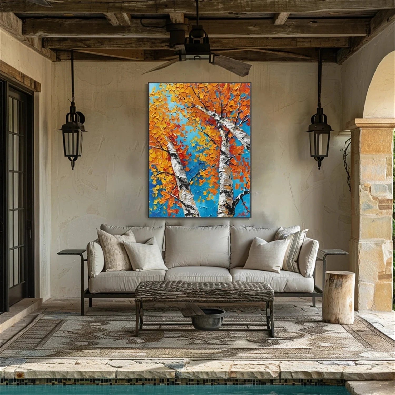 Autumn Birches Hand-Painted Oil Painting | Textured Orange Leaves Art #JJ 349