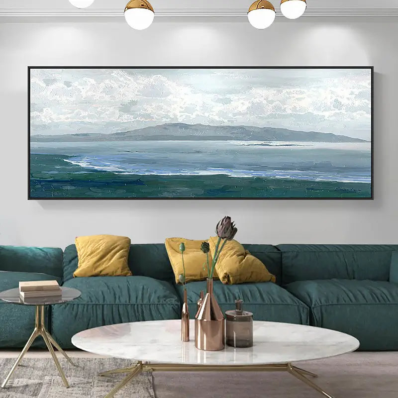 Large Coastal Landscape Wall Art | Abstract Ocean & Mountain Painting #ZZ 078
