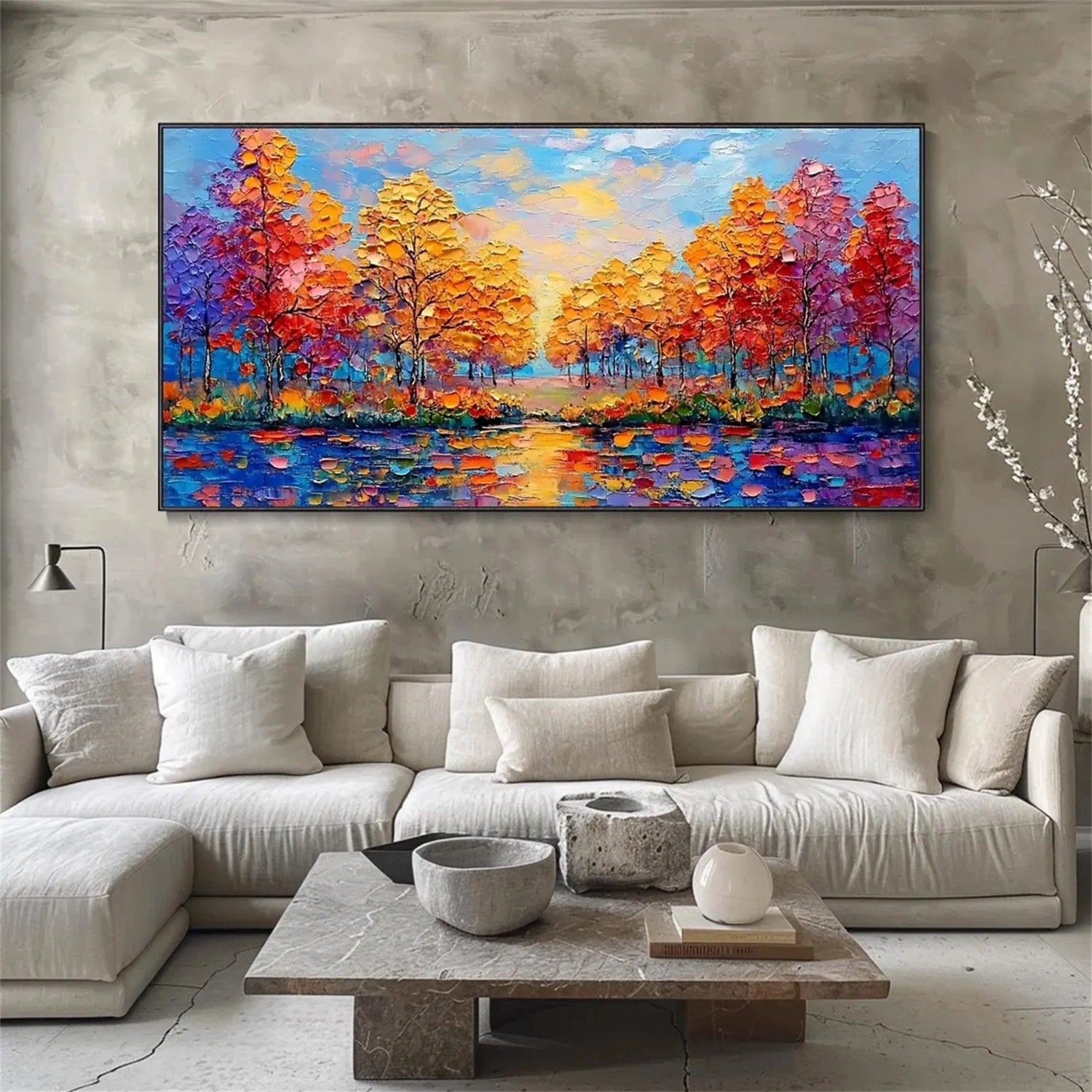 Sunset Lake Hand-Painted Oil Art | Vibrant Large Textured Trees #JJ 325