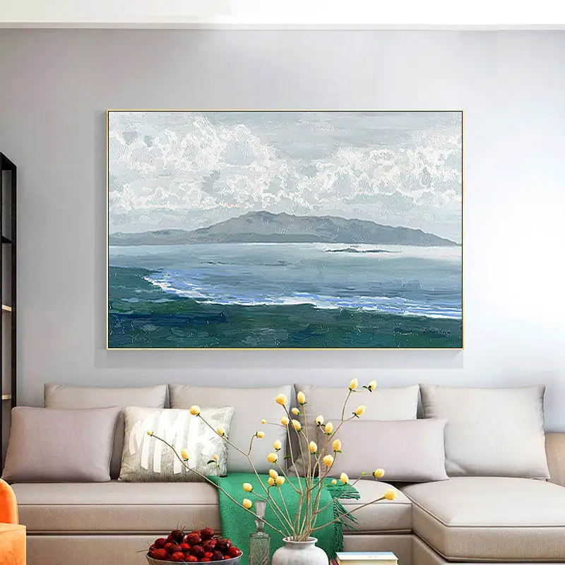 Large Coastal Landscape Wall Art | Abstract Ocean & Mountain Painting #ZZ 078