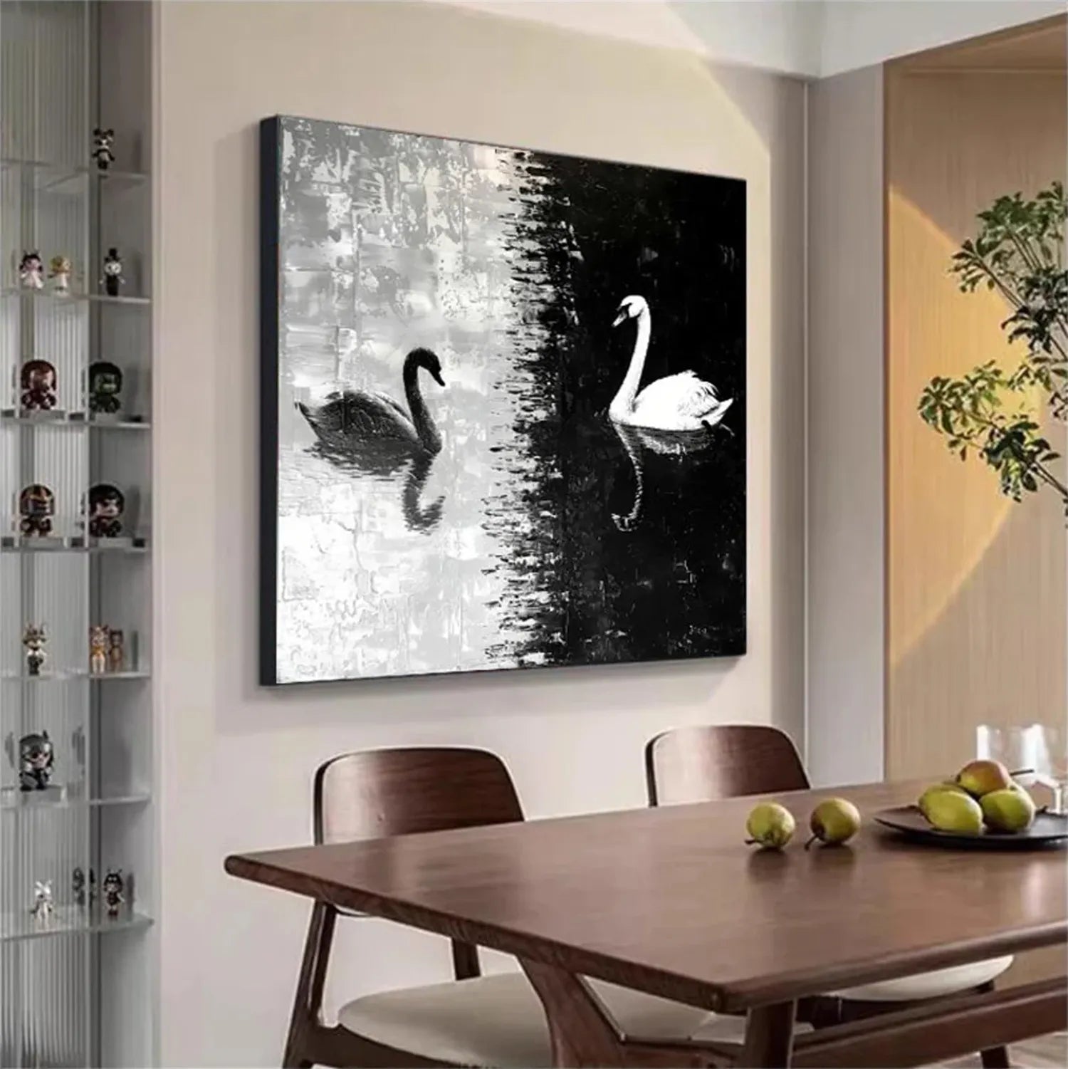 Black and White Swan Wall Art | Large Square Abstract Painting #ZZ 219