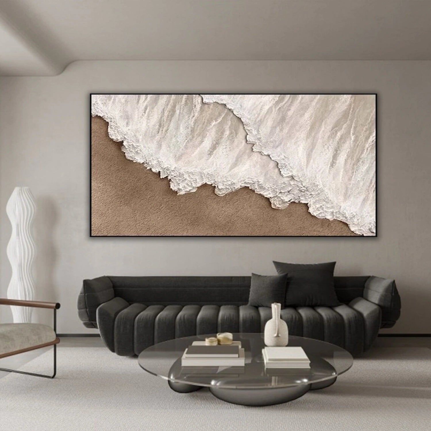 Large Horizontal Beige White Textured Beach Abstract - Modern Wall Art #JJ 174