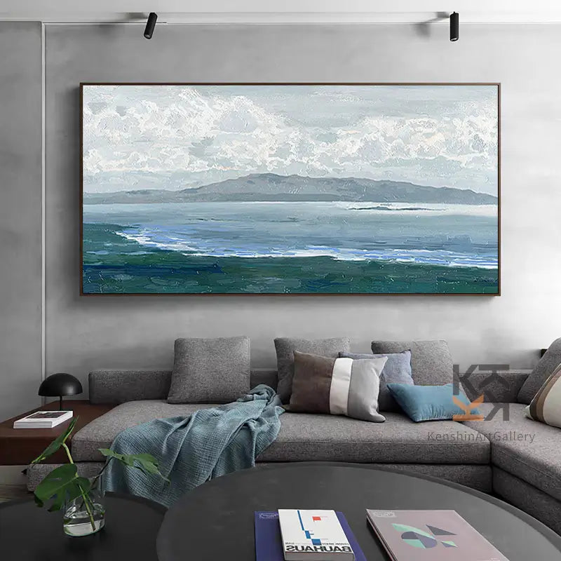 Large Coastal Landscape Wall Art | Abstract Ocean & Mountain Painting #ZZ 078