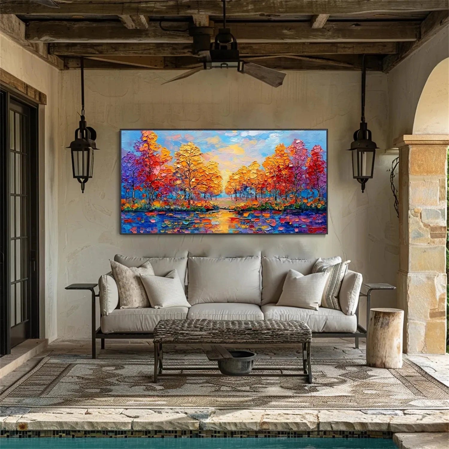 Sunset Lake Hand-Painted Oil Art | Vibrant Large Textured Trees #JJ 325