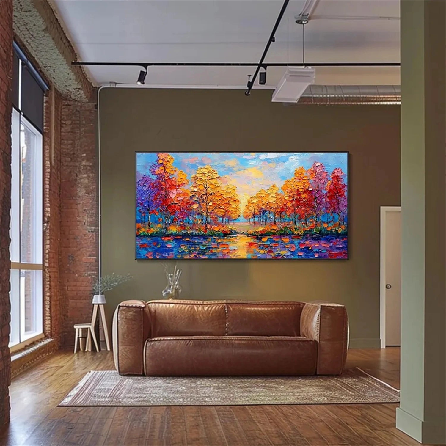 Sunset Lake Hand-Painted Oil Art | Vibrant Large Textured Trees #JJ 325