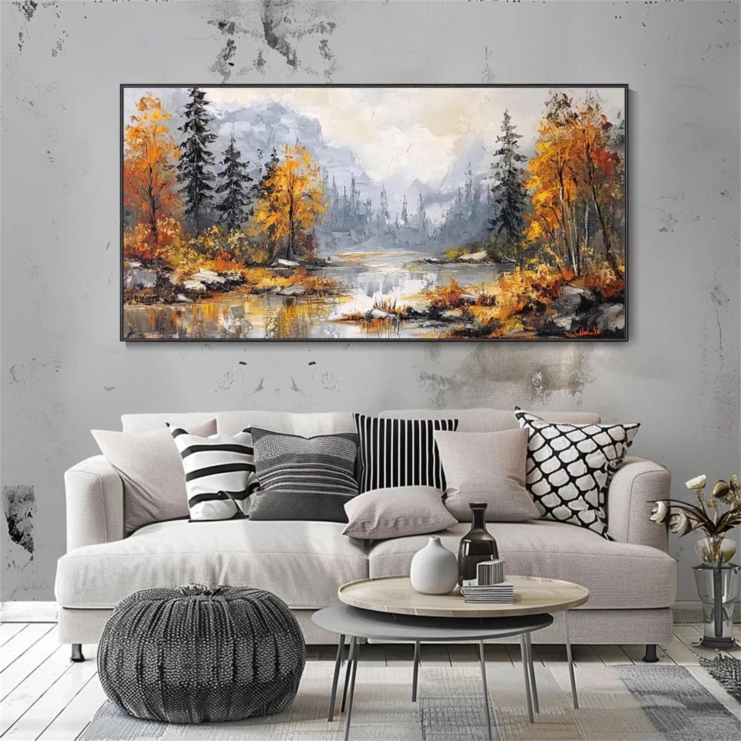 Autumn Forest Landscape Painting | Panoramic Abstract Canvas Art #JJ 338