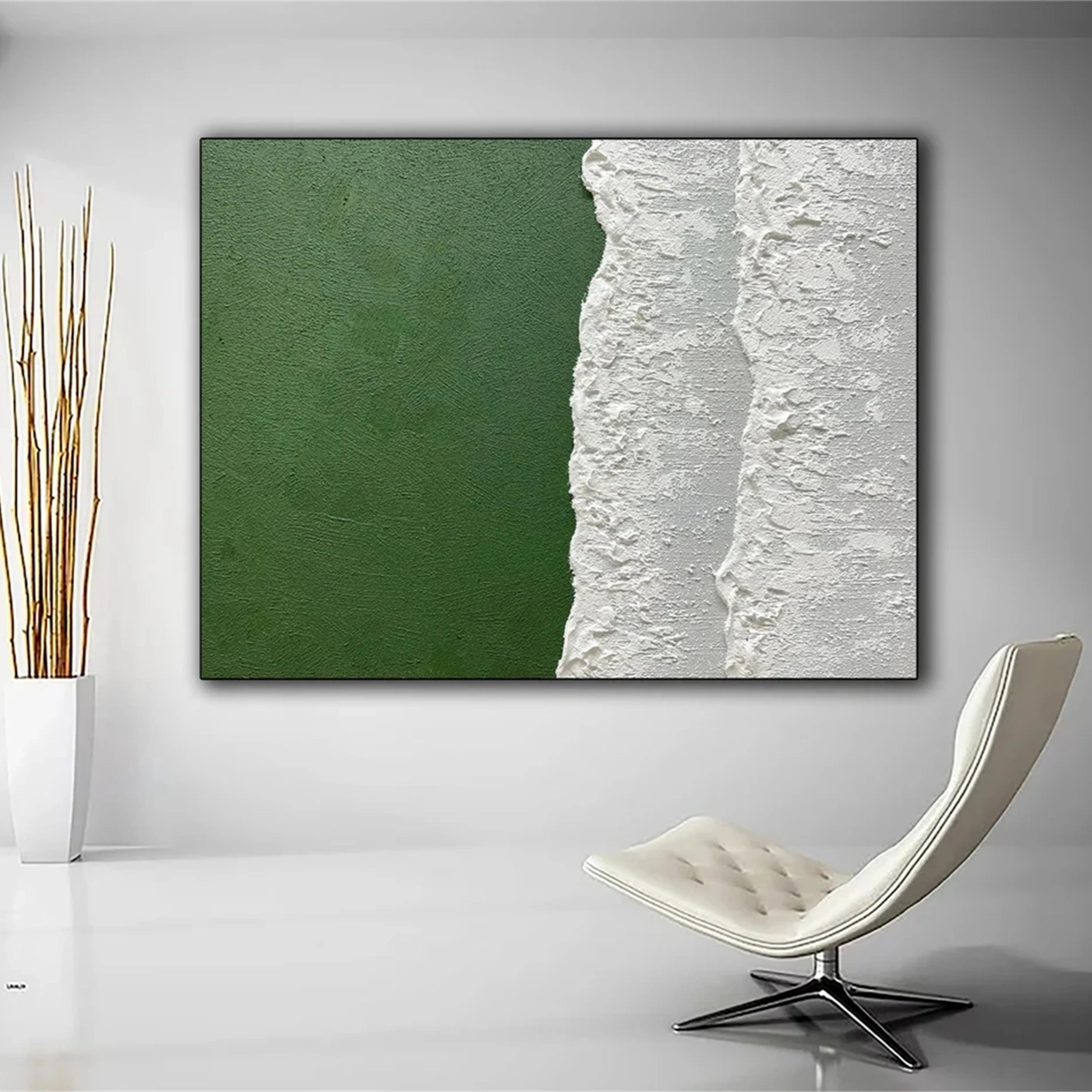 Verdant Shore – Minimalist Green Ocean Textured Abstract Canvas #JJ 260