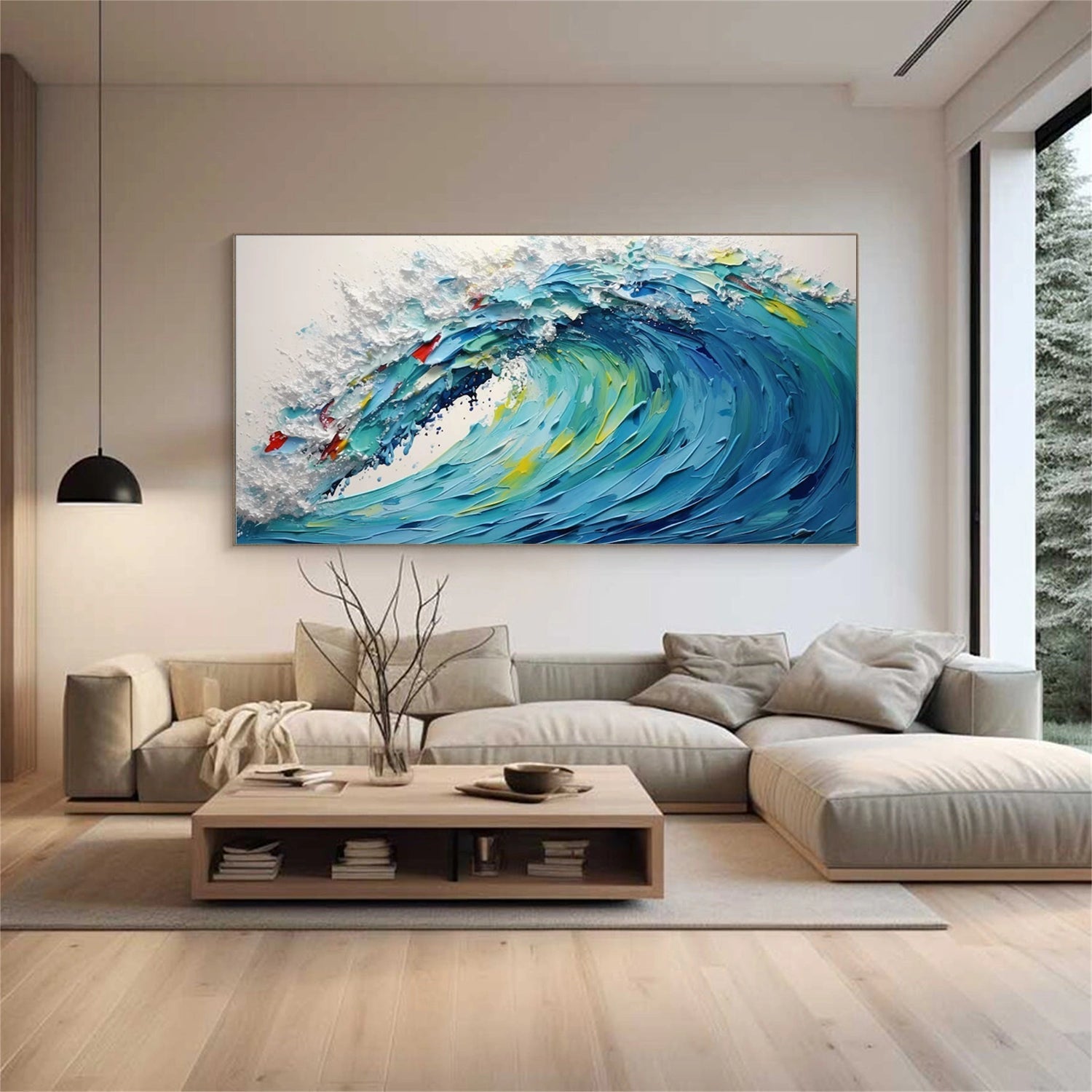 Dynamic Ocean Wave Hand Painted Abstract - Blue White Yellow Modern Oil Painting #JJ 161
