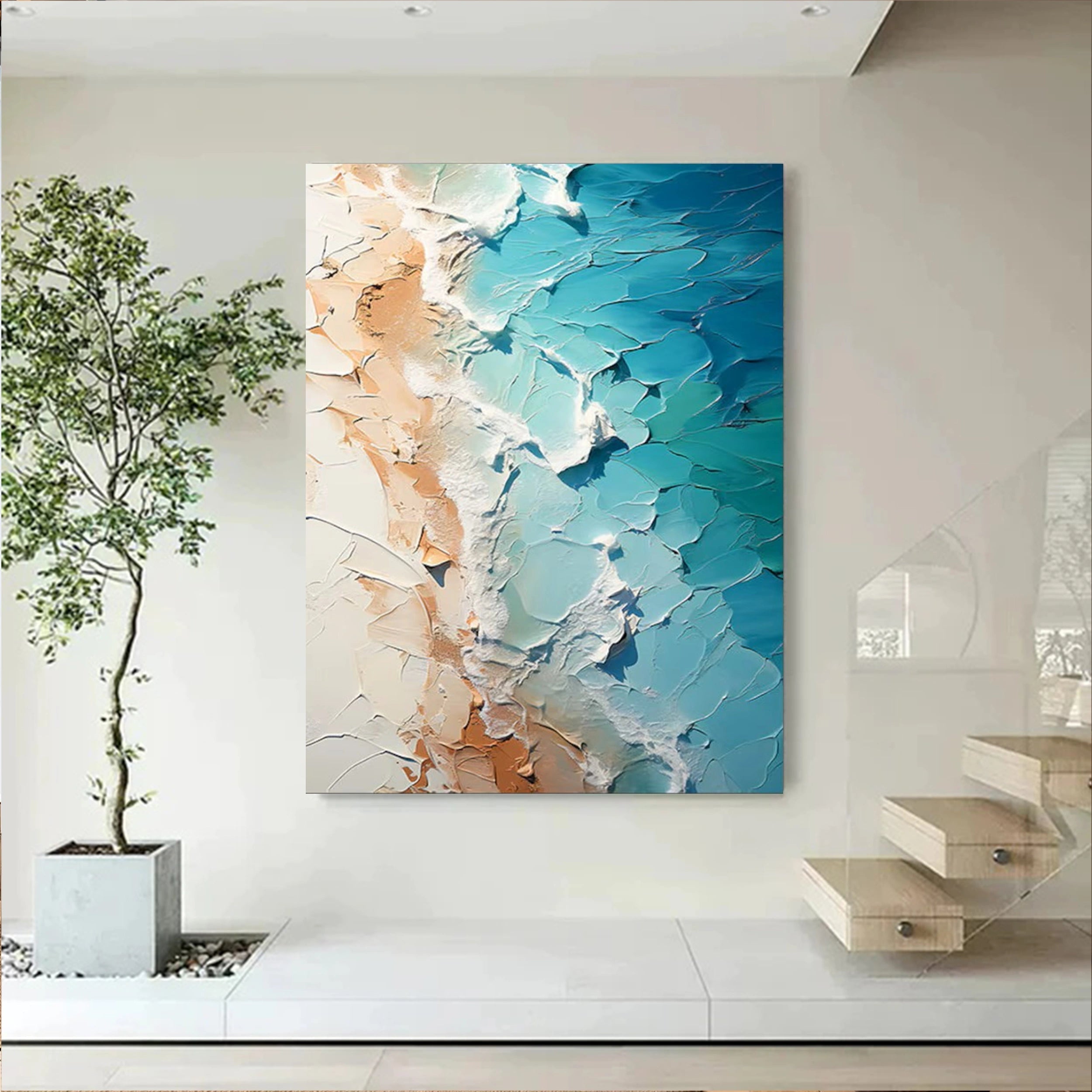 Textured Wall Art Handmade Teal Ocean Beige Sand Abstract #JJ 224