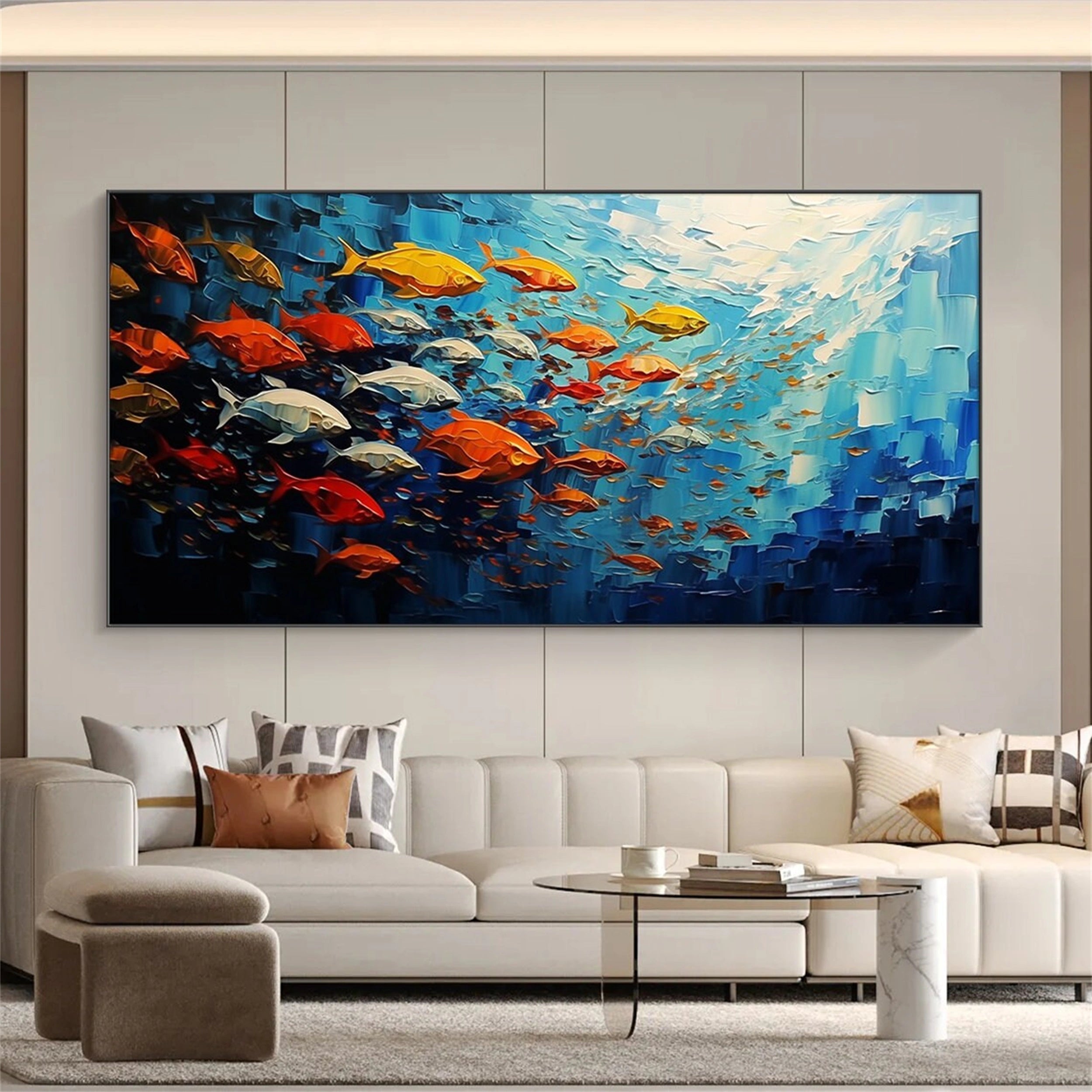 Large Abstract Oil Painting Fish Wall Art - Ocean Painting #JJ 242