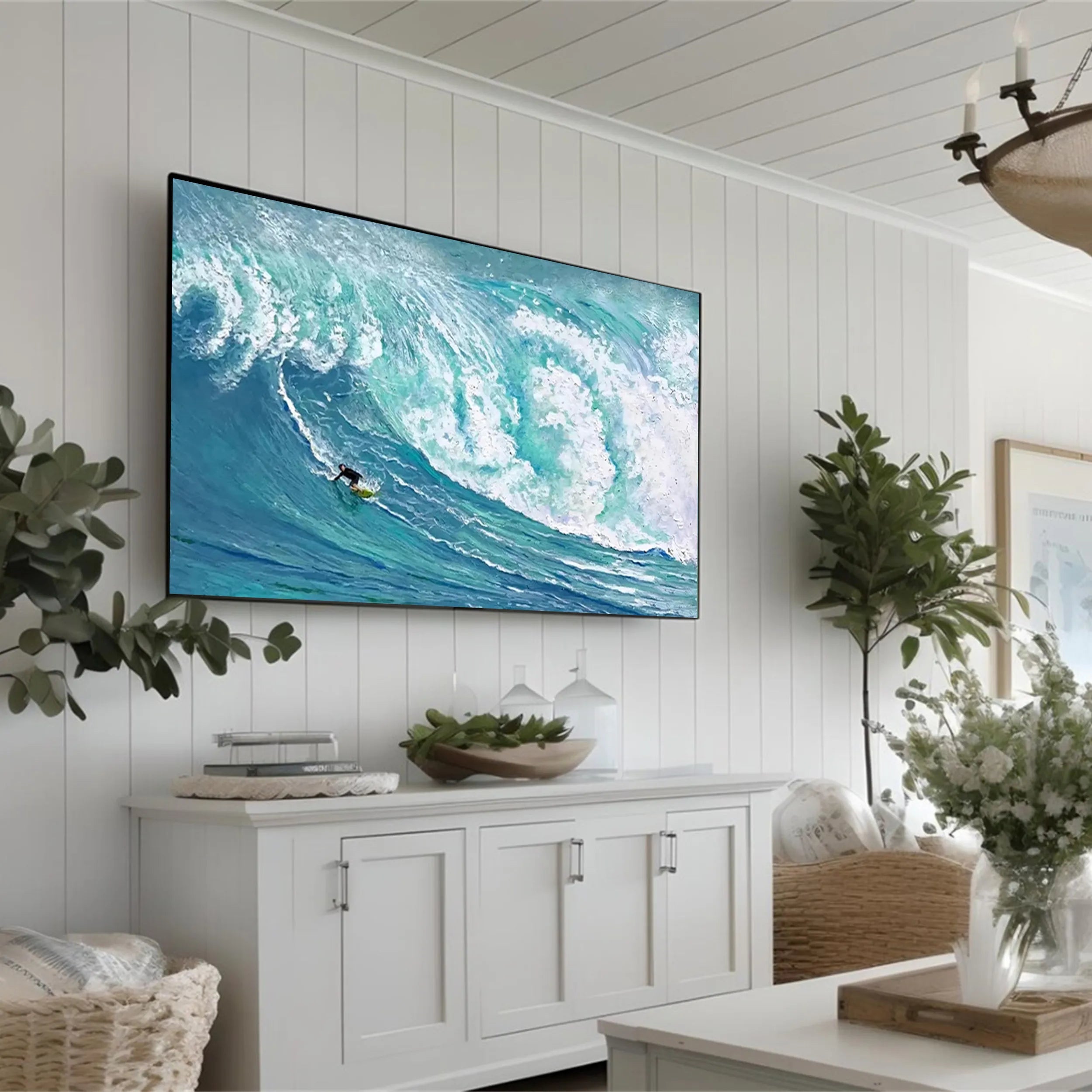 Teal White Textured Surfing Abstract Oil Painting for Wall Decor #JJ 186