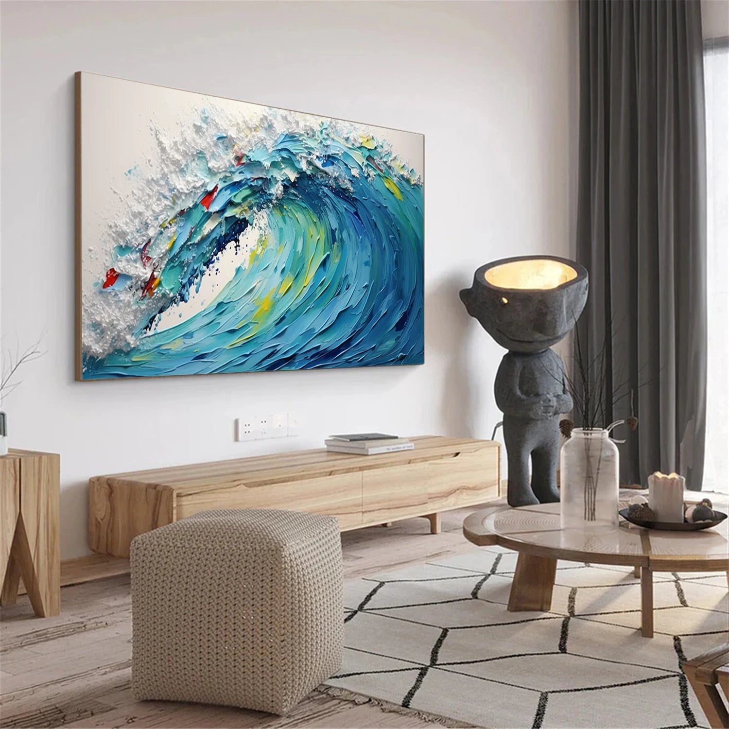 Dynamic Ocean Wave Hand Painted Abstract - Blue White Yellow Modern Oil Painting #JJ 161