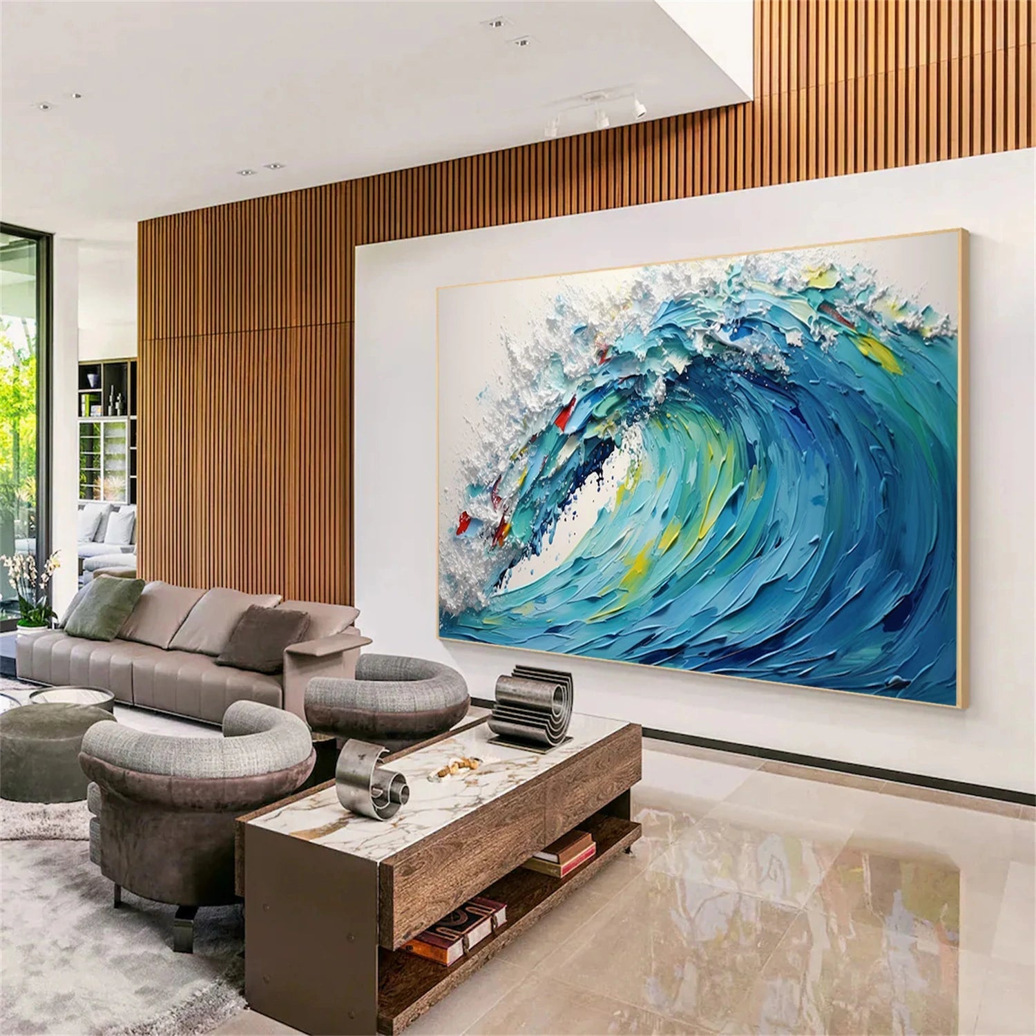 Dynamic Ocean Wave Hand Painted Abstract - Blue White Yellow Modern Oil Painting #JJ 161