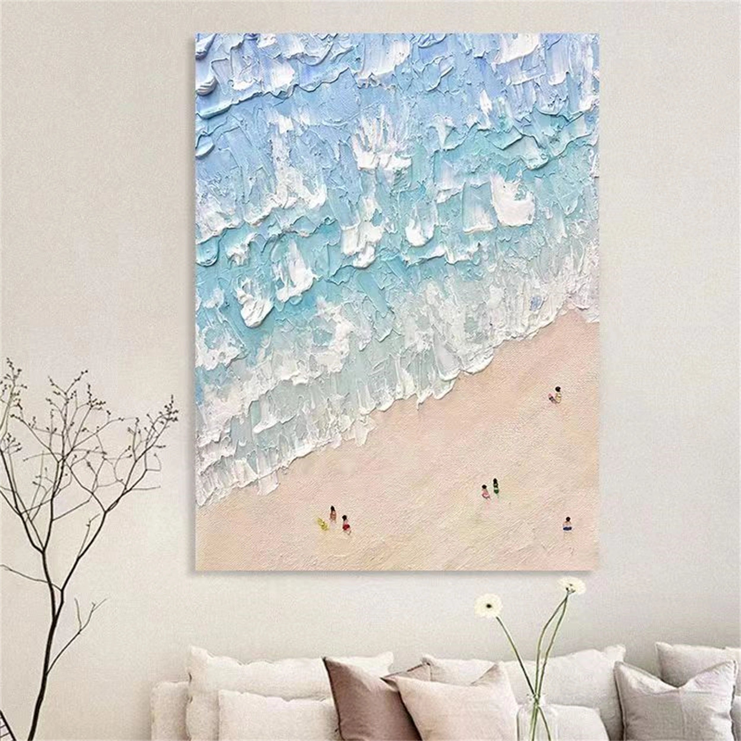 Blue Beach Painting for Living Room | Textured Ocean Abstract Wall Art #JJ 229