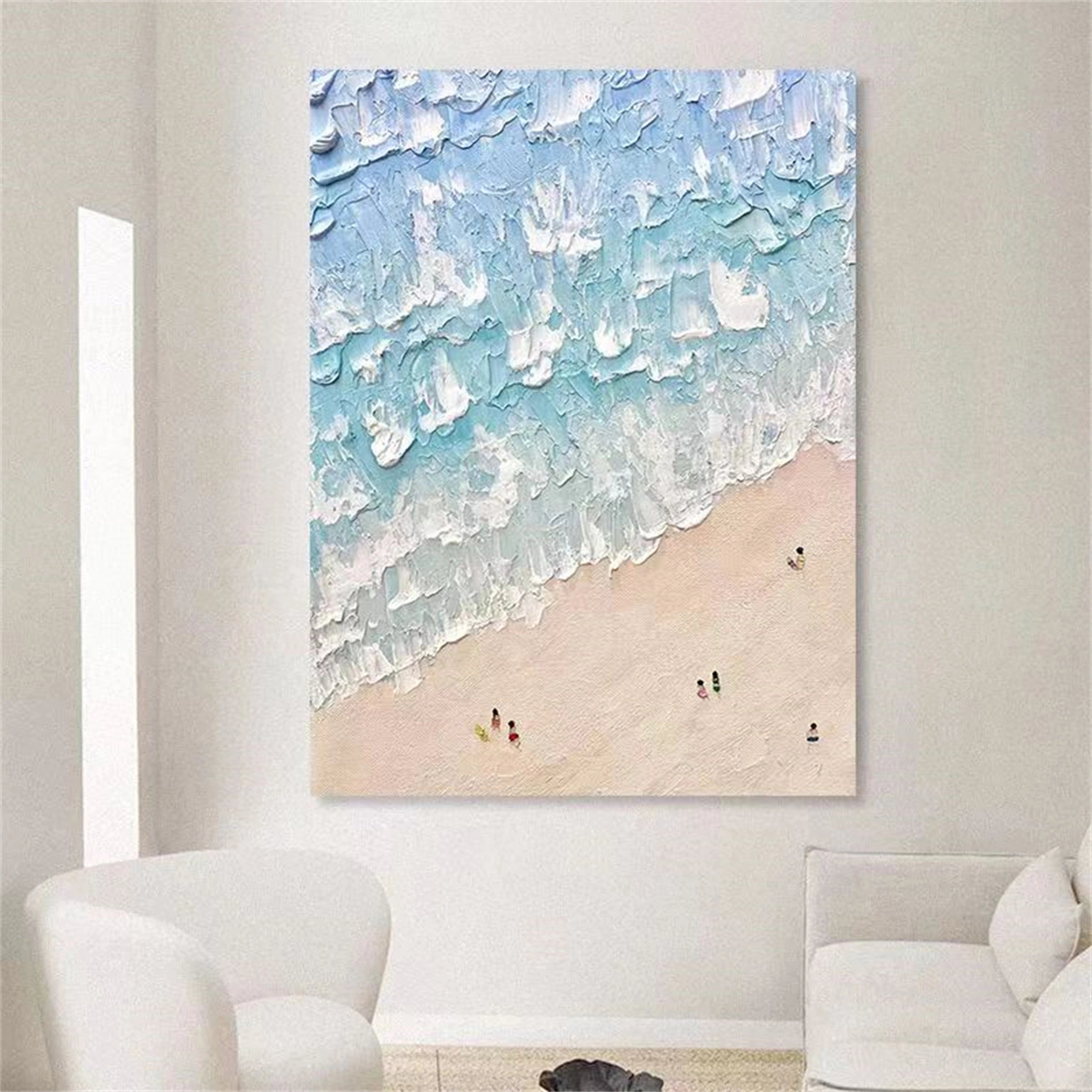 Blue Beach Painting for Living Room | Textured Ocean Abstract Wall Art #JJ 229