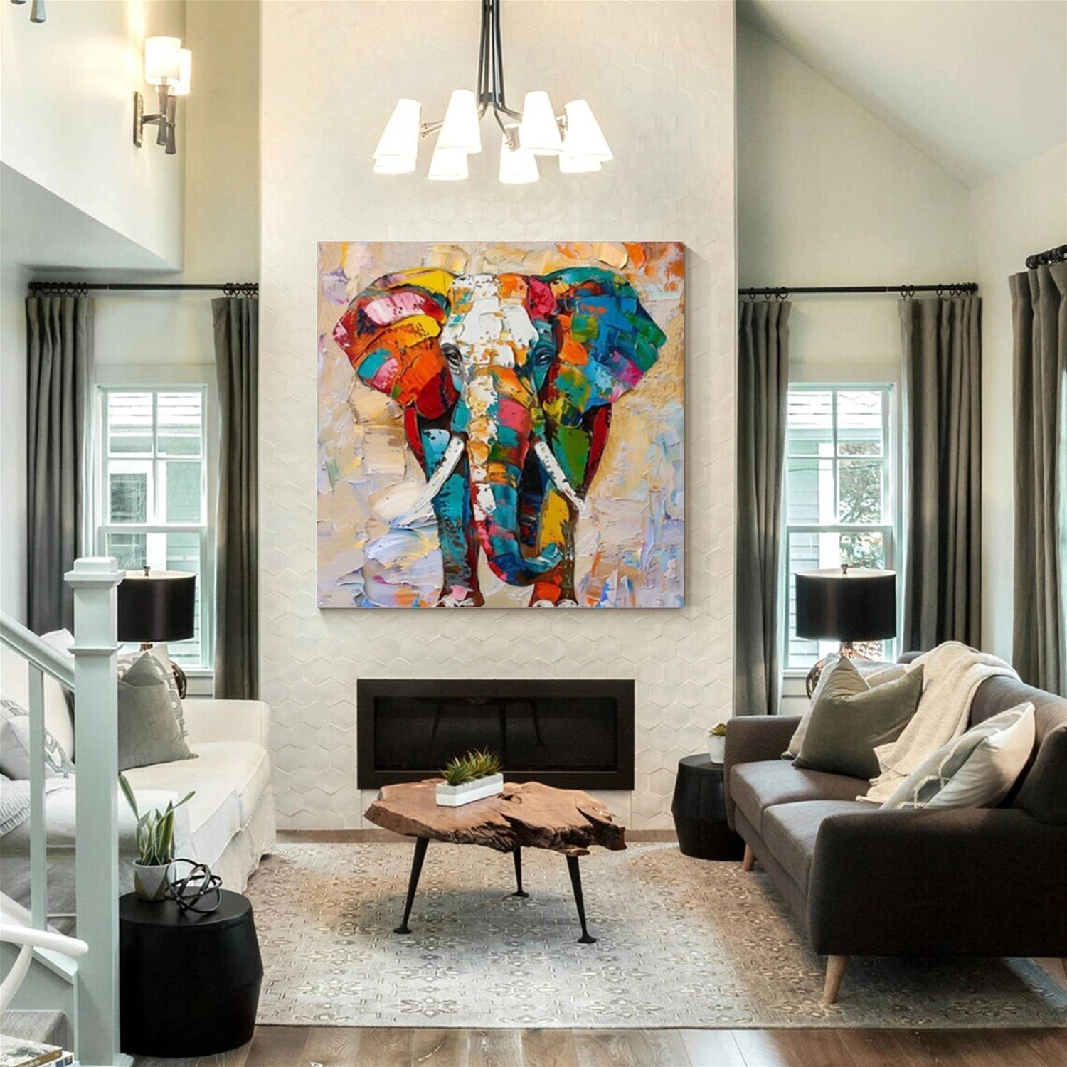 Colorful Elephant Wall Art | Large Square Abstract Animal Painting #ZZ 215