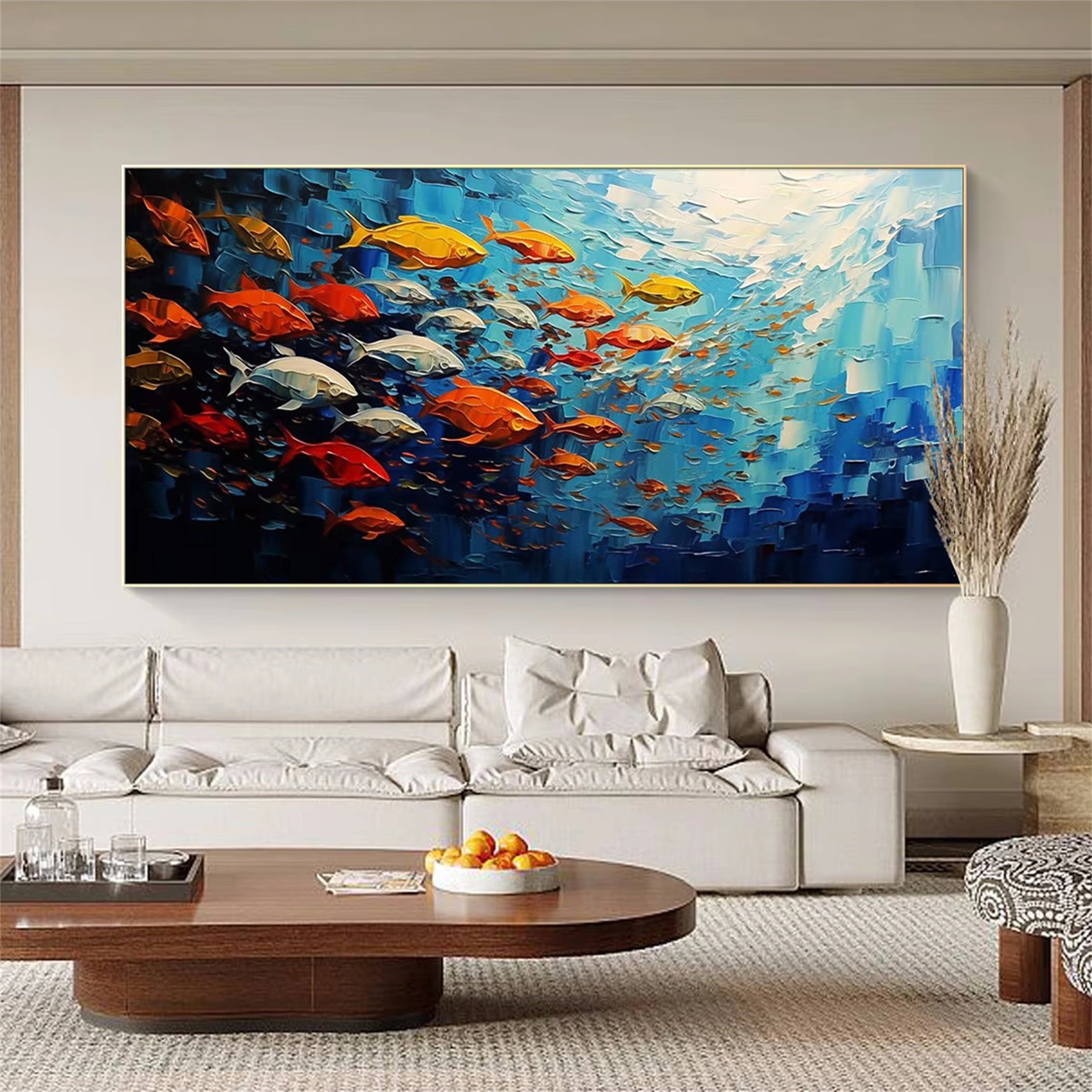 Large Abstract Oil Painting Fish Wall Art - Ocean Painting #JJ 242