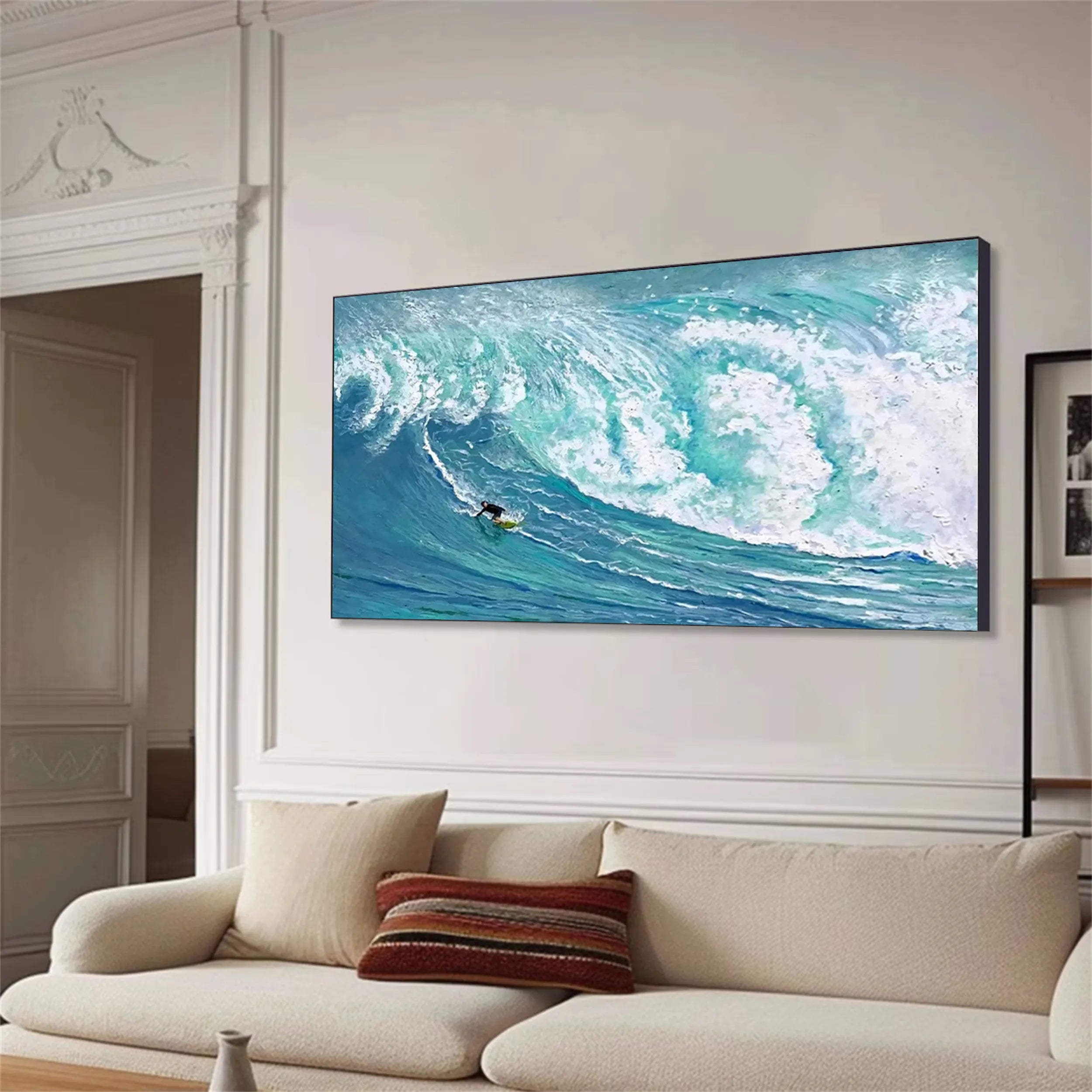 Teal White Textured Surfing Abstract Oil Painting for Wall Decor #JJ 186