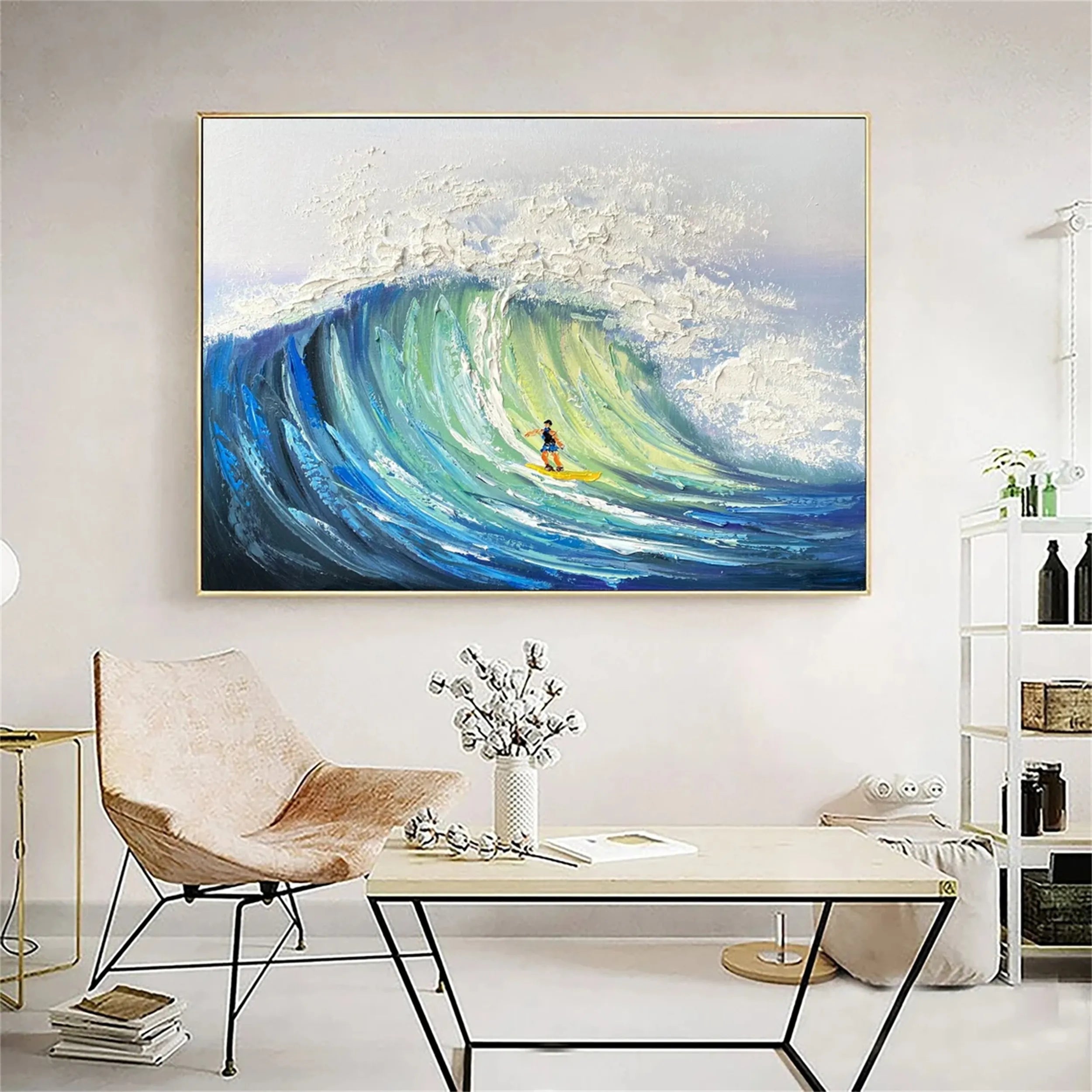 Blue Ocean Waves Textured Abstract Canvas Art #JJ 238