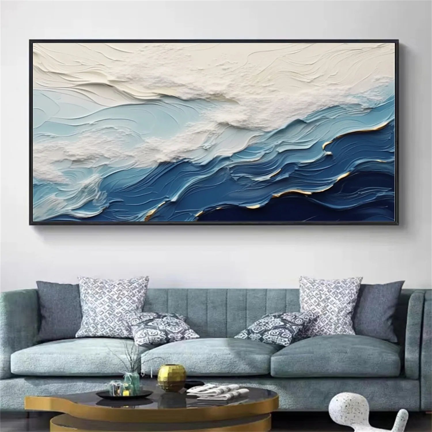Wide Format Blue and White Textured Wave Abstract Oil Painting - Modern Ocean Art #JJ 167
