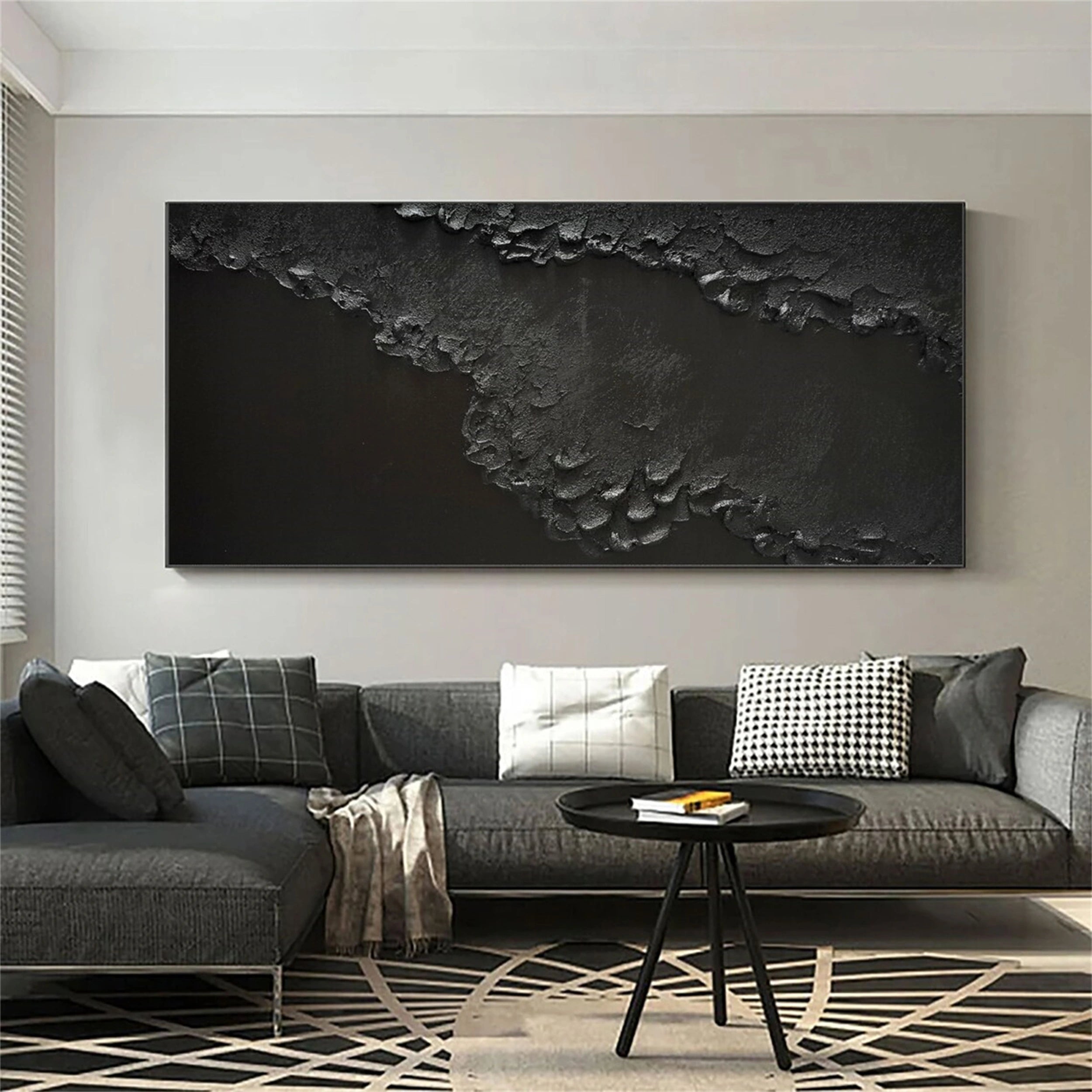 Handmade Modern Black Textured Abstract Wall Art-Coastline Canvas #JJ 268