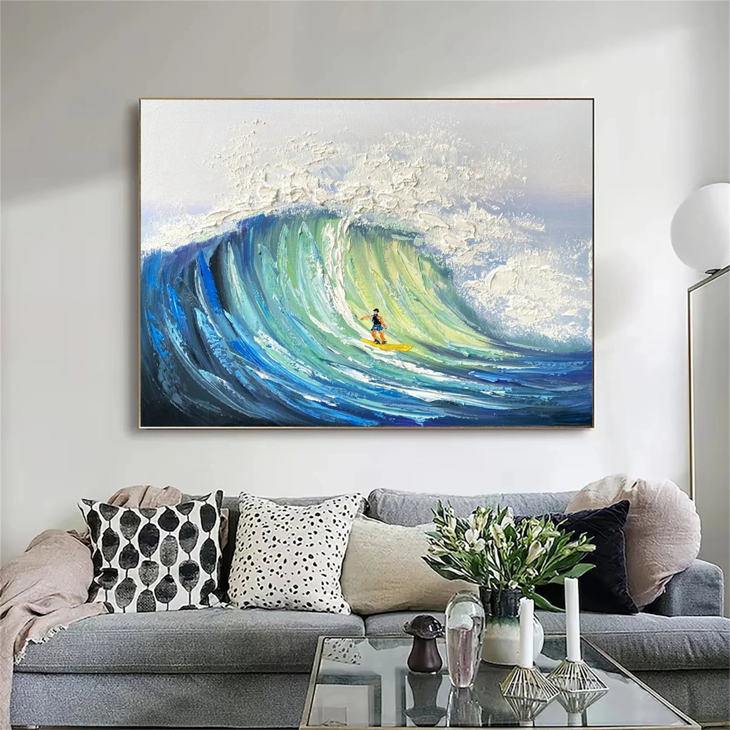 Blue Ocean Waves Textured Abstract Canvas Art #JJ 238