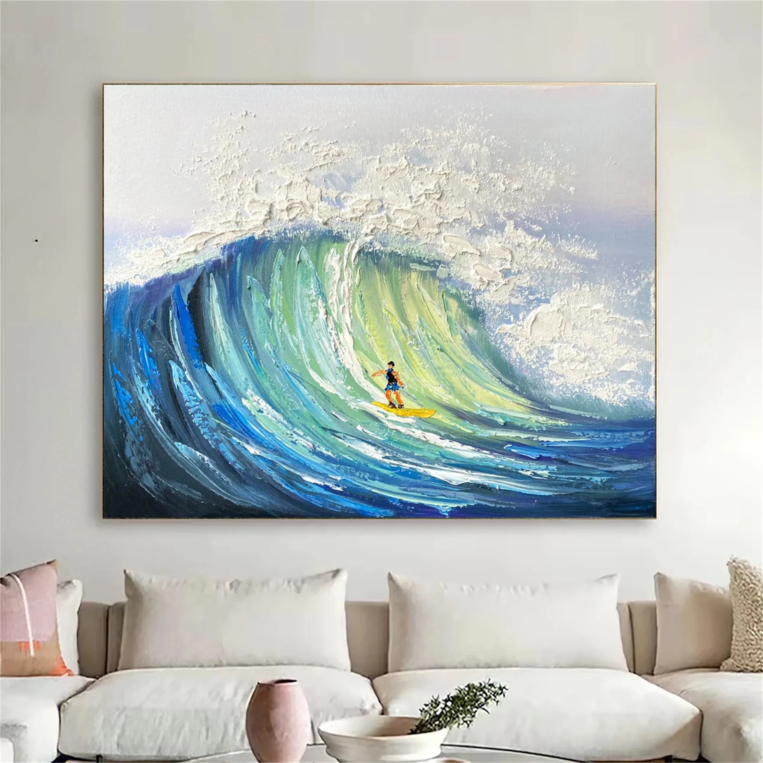 Blue Ocean Waves Textured Abstract Canvas Art #JJ 238