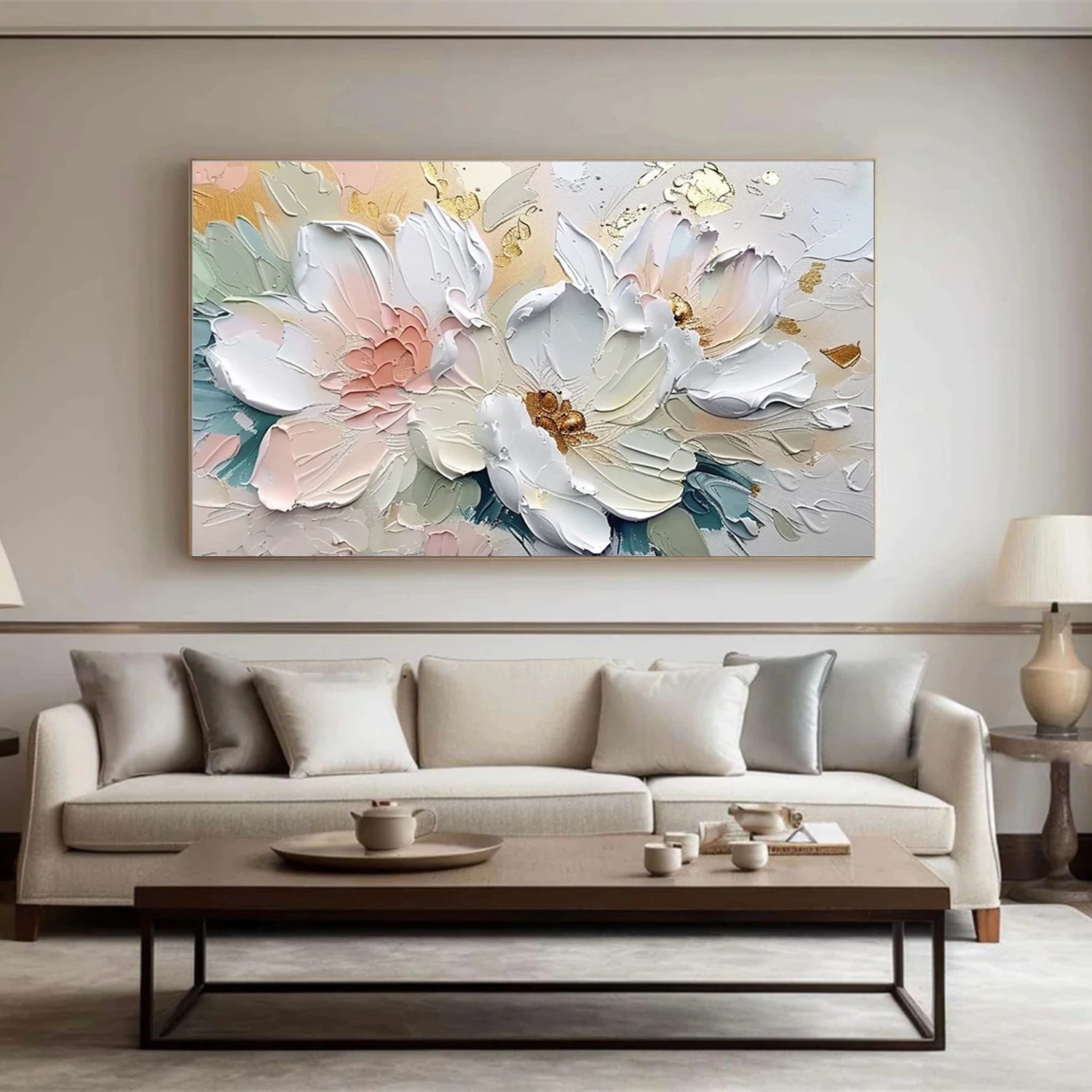 Modern Farmhouse Floral Wall Art | White & Pastel Oil #JJ 298