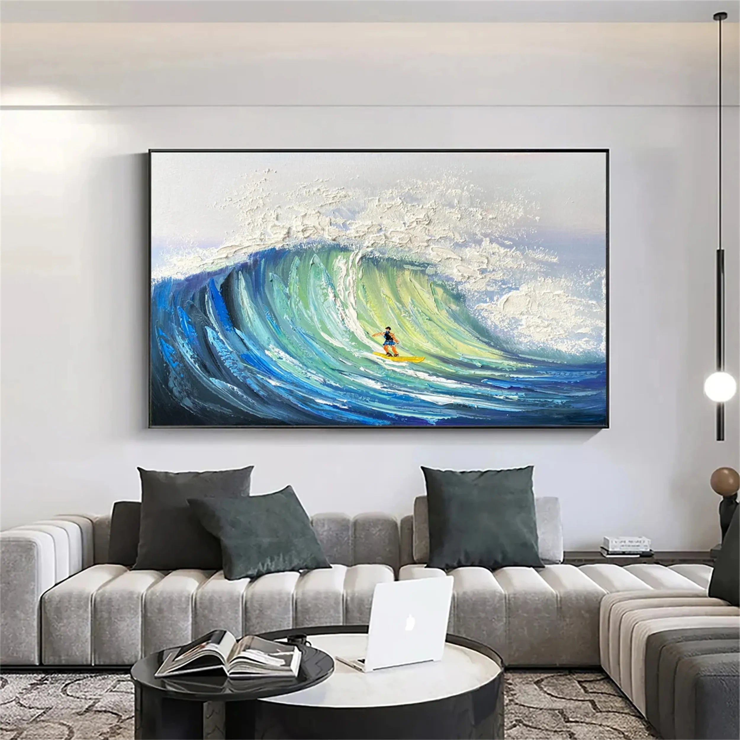 Blue Ocean Waves Textured Abstract Canvas Art #JJ 238